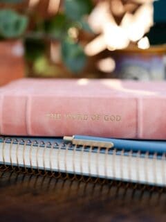 A pink leather book titled