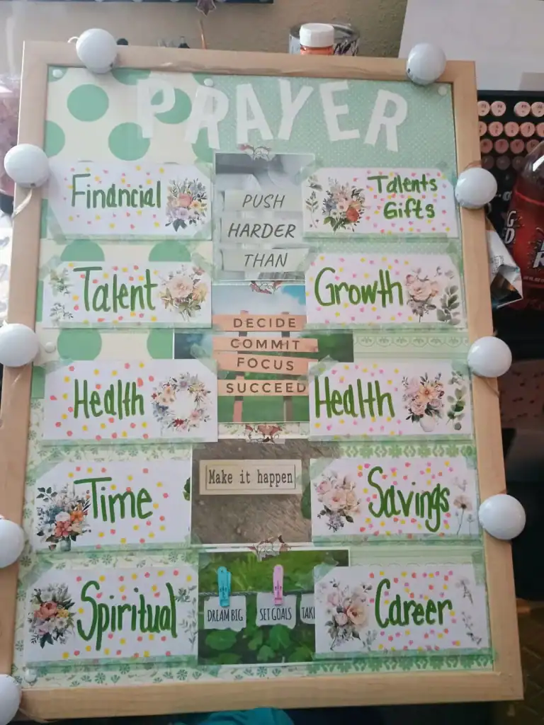 Decorative prayer board with words like Faith, Growth, and Health for inspiration.