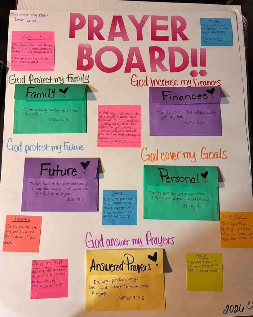 Colorful prayer board with faith, family, finances, and goals messages.