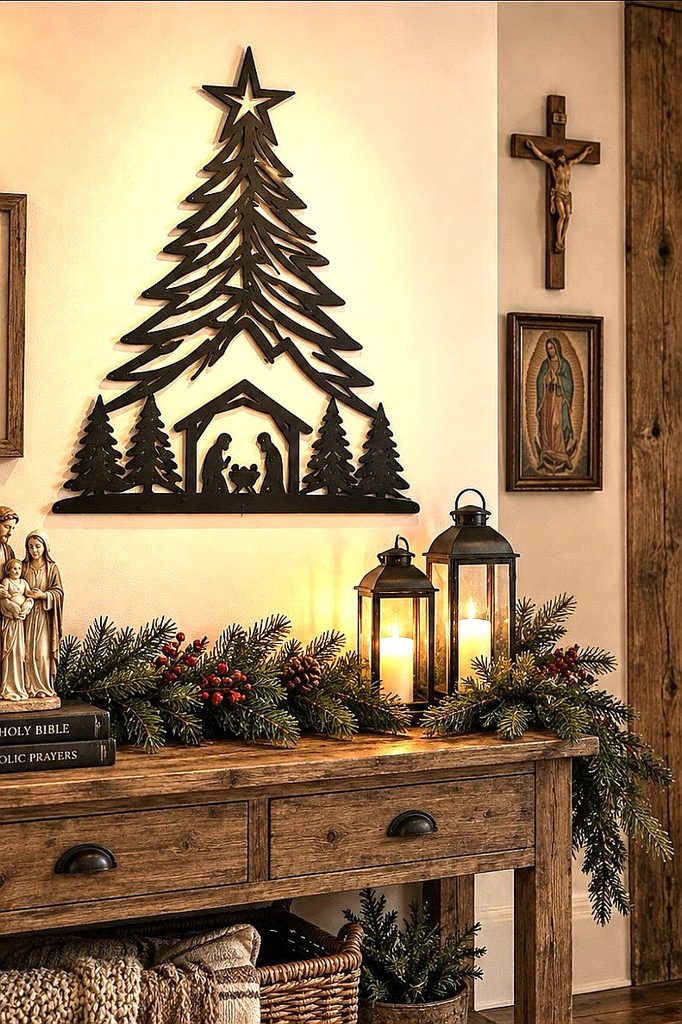 Festive Christmas decoration with nativity scene, candles, and greenery on wooden table.