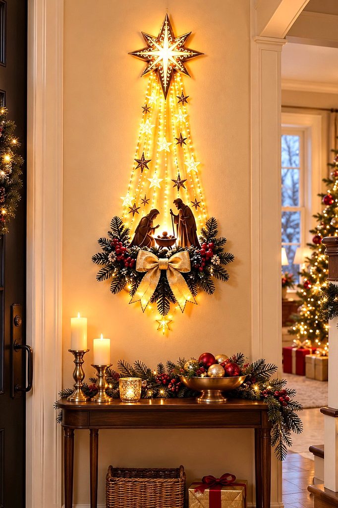 Festive nativity scene with star, angels, and Christmas decorations.